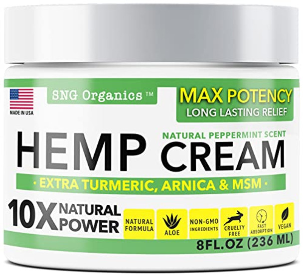 Hemp Cream - Made in USA - 8 oz - New Increased Strength Formula - Fast Acting Cream with Extra Turmeric, Arnica & Hemp Extract - Hemp Oil Cream - Back Pain, Muscle Pain, Knee Pain, Neck Pain by SNG