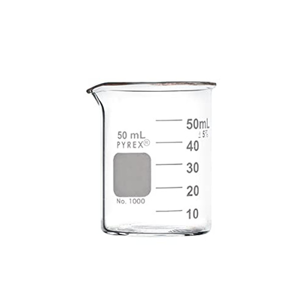 PYREX Griffin Borosilicate Glass Beaker- Low Form Graduated Measuring Beaker with Spout?? Premium Scientific Glassware for Laboratories, Classrooms or Home Use - PYREX Chemistry Glassware, 50 mL, 12/Pk