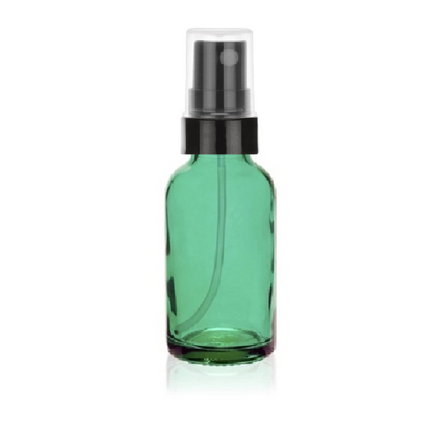 2 oz Caribbean Green Glass Bottle w/ Black Smooth Fine Mist Sprayer