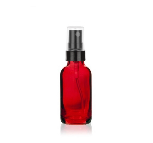 1 oz Translucent Red Glass Bottle w/ Black Smooth Fine Mist Sprayer