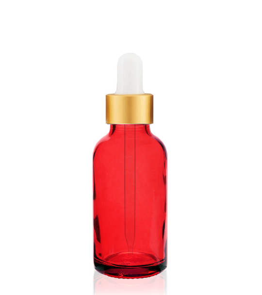 1 Oz Red Glass Bottle w/ White Matt Gold Dropper