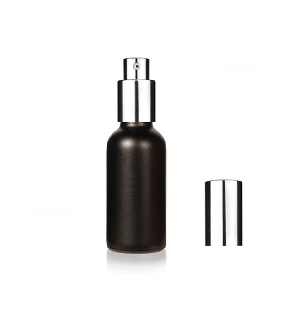 1/2 oz Matt Black Glass Bottle w/ Shine SIlver Treatment Pump