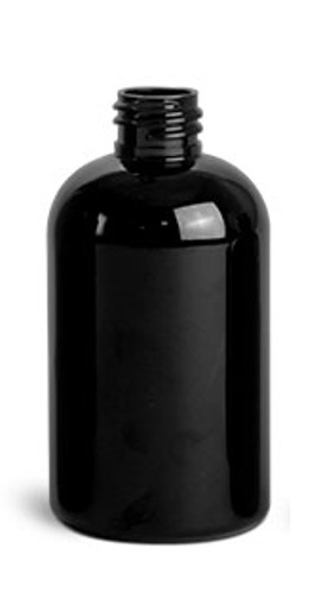 4 oz black PET plastic squat boston round bottle with 20-410 neck finish