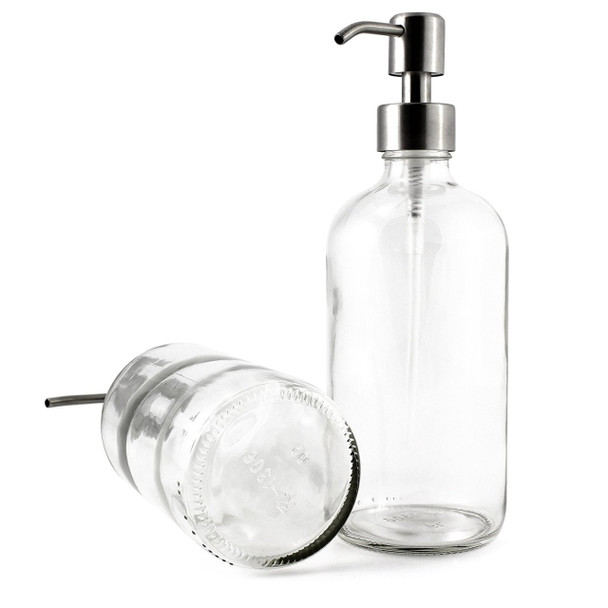 2 Pack, 16 oz. CLEAR Liquid Soap Dispenser with Stainless Steel Pump