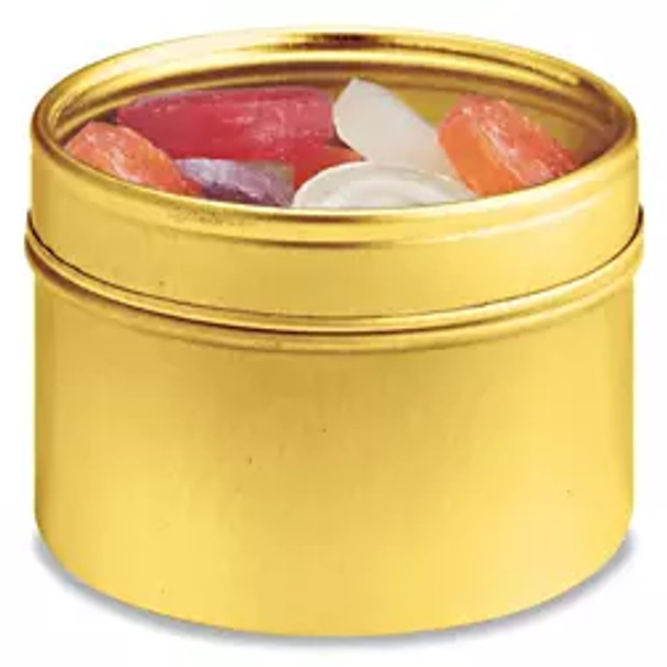 Deep Metal Tins - Round, 4 oz, Window Lid, Gold-Pack of 48