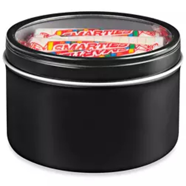 Deep Metal Tins - Round, 8 oz, Window Lid, Black-Pack of 48