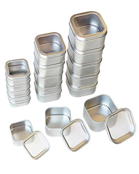 18-Pack Empty Square Silver Metal Tins with Clear Window for Candle Making, Candies, Gifts & Treasures, Mixed Sizes