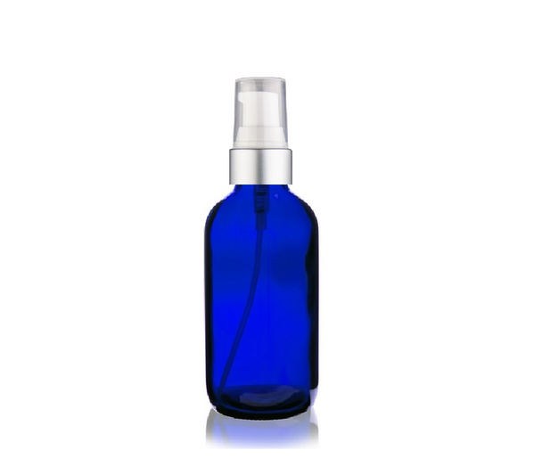 4 oz Cobalt Blue Glass Bottle w/ White Matte Silver Treatment Pump