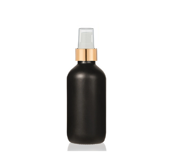 4 Oz Matte Black Glass Bottle w/ White Matte Gold Treatment Pump