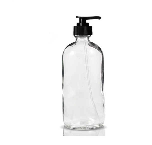 8 oz Clear Glass Bottle - w/ Black Lotion Pump with Shorter Neck