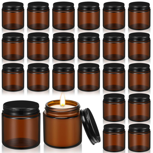 Zhehao 24 Pcs Glass Candle Jars with Lids Bulk, 4 oz Amber Round Empty ...
