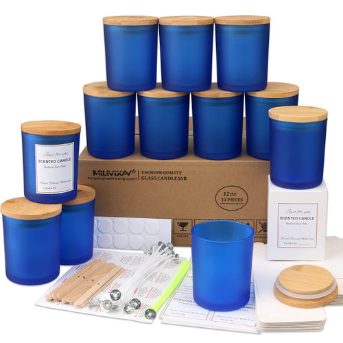 MILIVIXAY 12 Pack 12 oz Frosted Blue Glass Candle Jars with Lids and ...