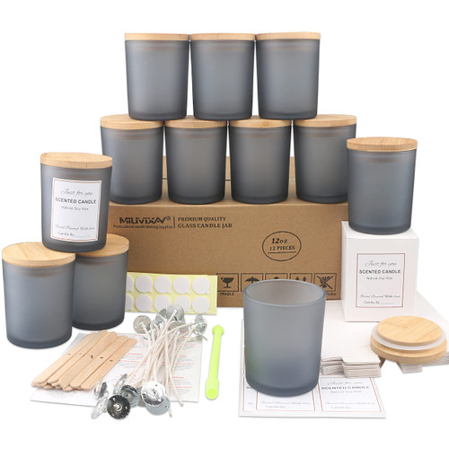 MILIVIXAY 12 Pack 12 oz Frosted Grey Glass Candle Jars with Lids and ...