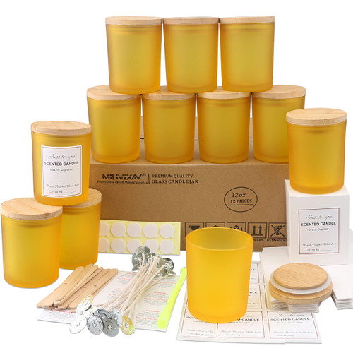 MILIVIXAY 12 Pack 12 oz Matte Yellow Glass Candle Jars with Lids and ...