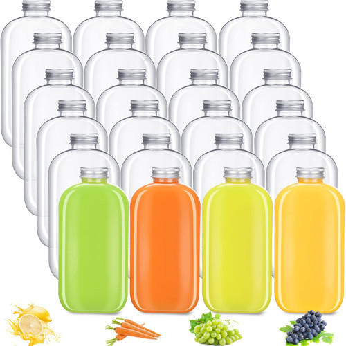 24 Pack Plastic Bottles with Caps, Clear Juice Bottles Flat Water Bottle Plastic Flask Bottle Reusable Mini Beverage Container for Drinks, Milk, Tea, Alcohol, Liquor (12 oz)