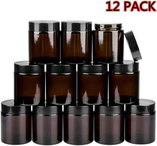 12 Pack, 8 oz Round Glass Jars with Black Plastic Lids, 240ml Amber Em —  CHIMIYA