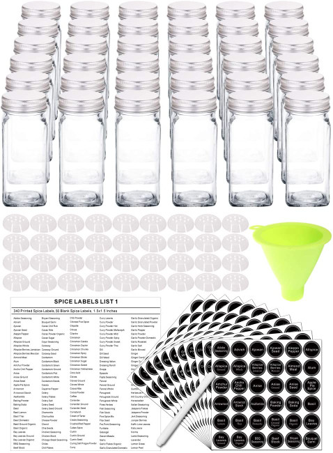 36 Glass Spice Jars with 396 Spice Labels, Chalk Marker and Funnel Complete Set. 36 Square Glass Jars 4 OZ, Airtight Cap, Pour/Sift Shaker Lid