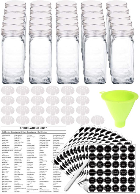 25 Glass Spice Jars with 396 Spice Labels, Chalk Marker and Funnel Complete Set. 25 Square Glass Jars 4oz, Airtight Cap, Pour/sift Shaker Lid