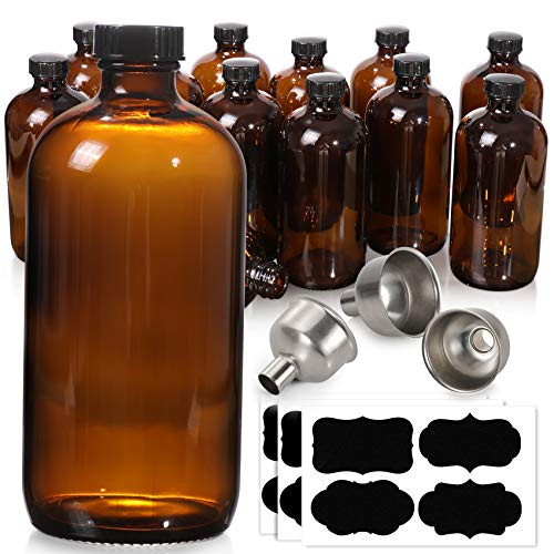 16 oz Amber Boston Round Bottles with 28-400 Black Phenolic Poly Cone Lined Cap - Pack of 60 BI1407357