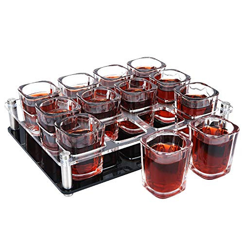 D&Z 2 oz Shot Glass with Holder, Tequila Shot Glass Set, Easy to Carry 12 Heavy Base Glasses without Spilling, Clear Modern Acrylic Server Tray for