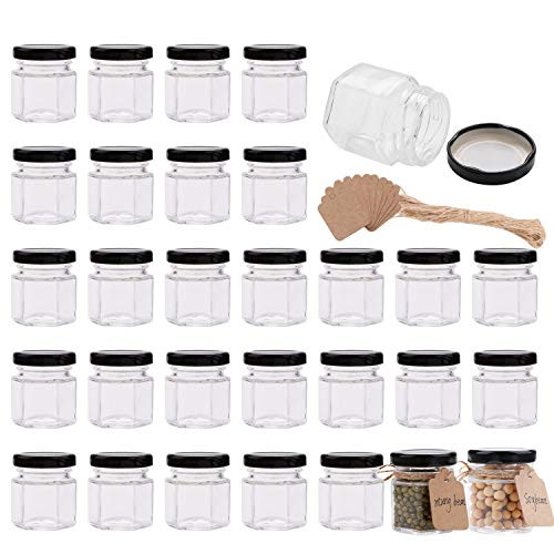 CycleMore 6oz Hexagon Glass Jars with Black Lids, Clear Glass