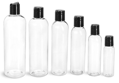 100 ml Clear PET Flasks w/ Black Ribbed Lined Caps