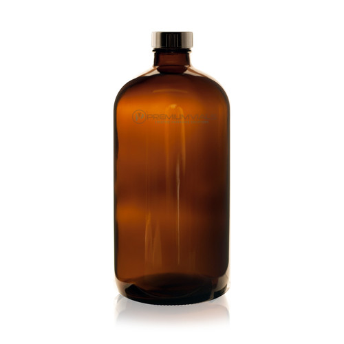 Certified, Clean 32 oz Amber Glass Boston Round Bottles, PTFE