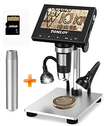 TOMLOV 1000X Error Coin Microscope with 4.3 LCD Screen, USB Digital Microscope with LED Fill Lights, Metal Stand, PC View, Photo/Video, SD Card