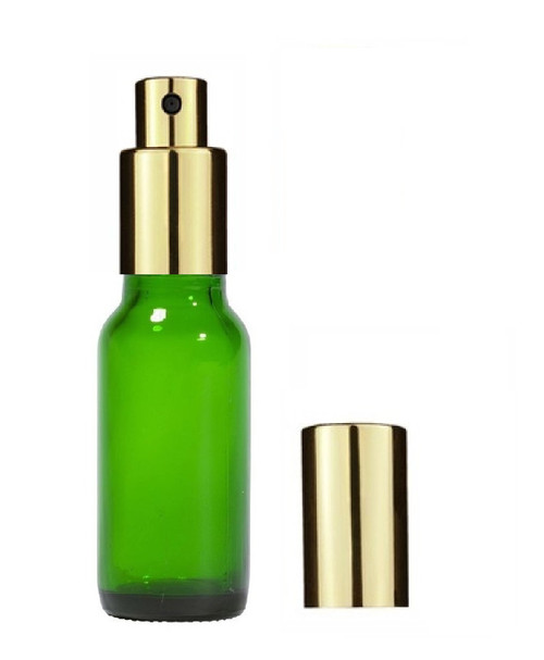は 1/2 oz (15ml) Green Glass Bottle with Shiny Gold Sprayer 18-400
