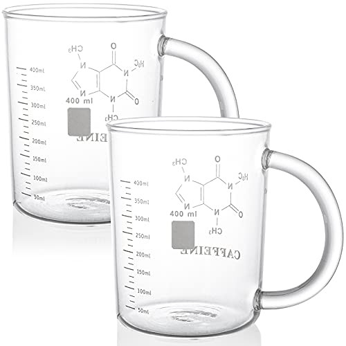 Suwimut 2 Pack Caffeine Beaker Mug Caffeine Molecule Mug, 16 oz Borosilicate  Glass Chemistry Mug Coffee Mugs with Handle and Measuring for Tea, Coffee,  Latte, Hot and Cold Beverage