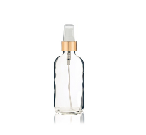 4 Oz Clear Glass Bottle w/ White Matte Gold Treatment Pump