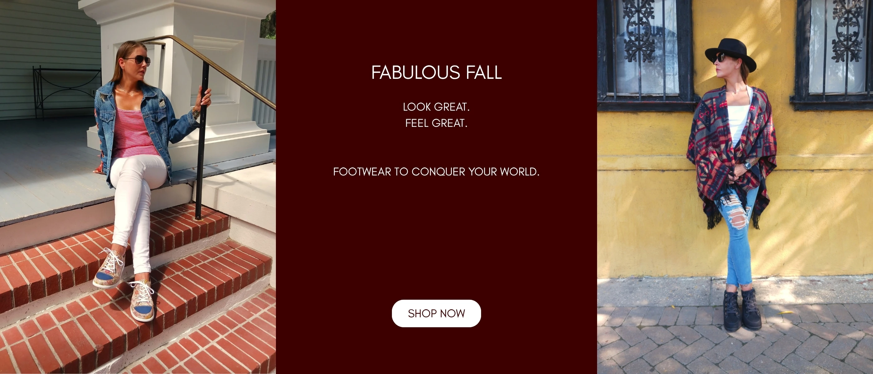 Lifestyle graphic depicting Finn Comfort Ikebukuro Soft Multi Atoll sneakers and Parsenn Black Nubukrona boots with text, 'Fabulous Fall. Look great. Feel great. Footwear to Conquer Your World. Shop now'