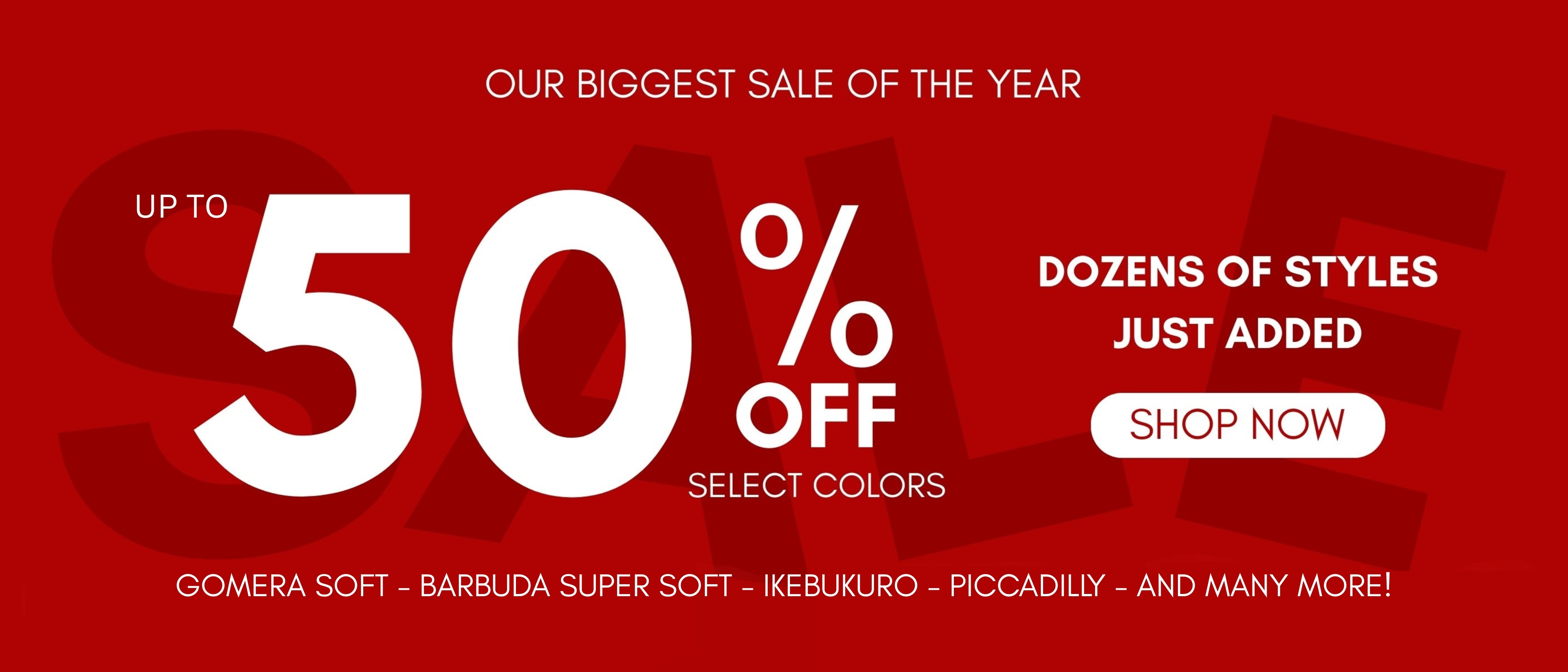 Image of Finn Comfort Summer Sale with text 'Our Biggest Sale of the Year. Save up to 50% Off Select Colors. Dozens of Stykles Just Added: Gomera Soft, Barbuda Super Soft, Ikebukuro, Piccadilly, and many more!' on image