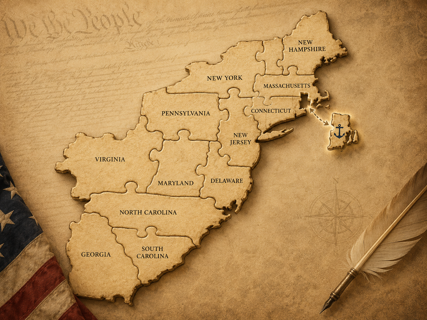 The original states shown as parchment puzzle pieces with Rhode Island placed last