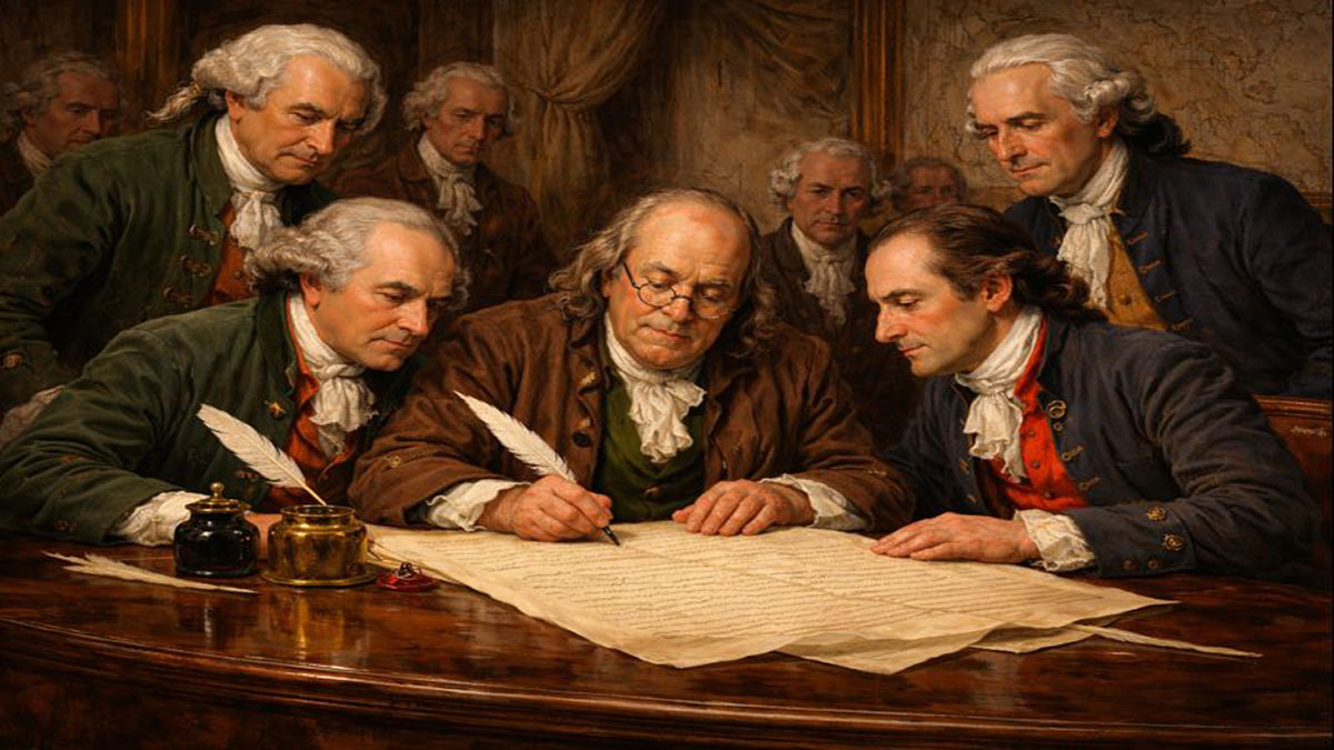 Illustration depicting the signing of the Treaty of Paris