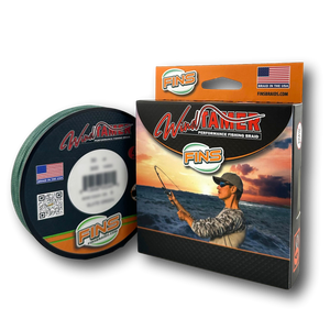 FINS US Made Windtamer Performance Fishing Braid package next to spool of line FINS US Made Windtamer Performance Fishing Braid package next to spool of line