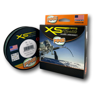 FINS US Made XS Extra Smooth Extreme Durability Braided Line box with spool next to it FINS US Made XS Extra Smooth Extreme Durability Braided Line box with spool next to it