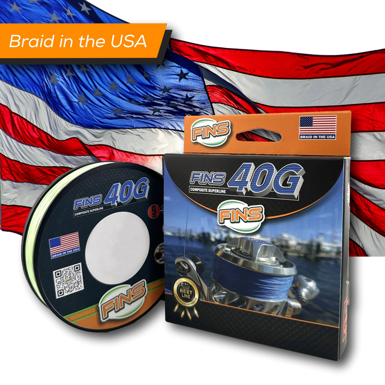 FINS US Made 40G Composite Superline Fishing Braid picture of package with US flag behind it. FINS US Made 40G Composite Superline Fishing Braid picture of package with US flag behind it.