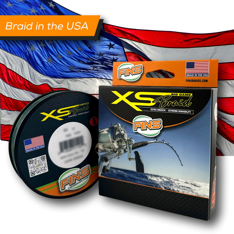 FINS US Made XS Extra Smooth Extreme Durability Braided Line with US Flag background FINS US Made XS Extra Smooth Extreme Durability Braided Line with US Flag background