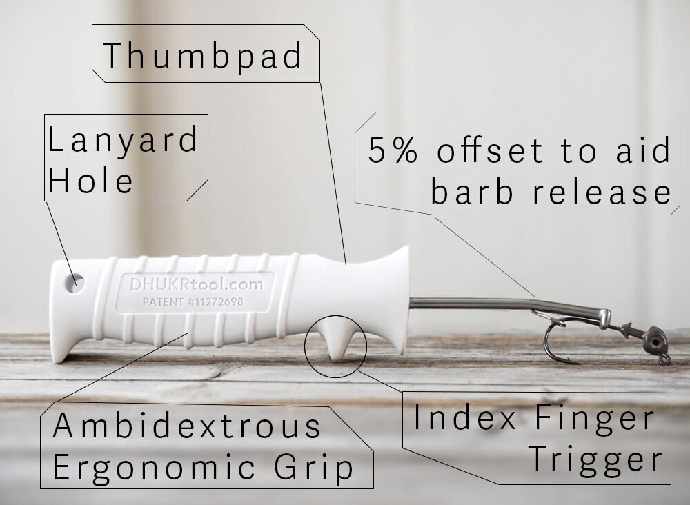 DHUKR tool diagram labeling thumbpad, trigger, lanyard hole, and offset