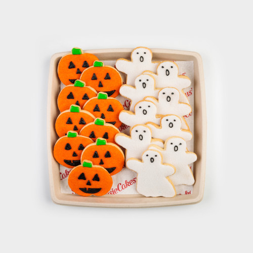 SusieCakes Halloween Frosted Sugar Cookies set of Jack - O - Lantern Cookies and Ghost Cookies Top Down View