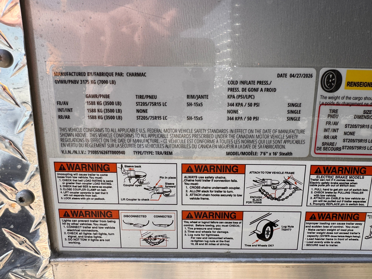 Charmac Trailers 2026 STEALTH 90"X16' V-Nose Cargo Trailer | Tandem Axle Axle 7K, Rear Stablizing Jacks, 7' Tall, Rear Ramp Door, Rubber Diamond Plate Floor, White Interior