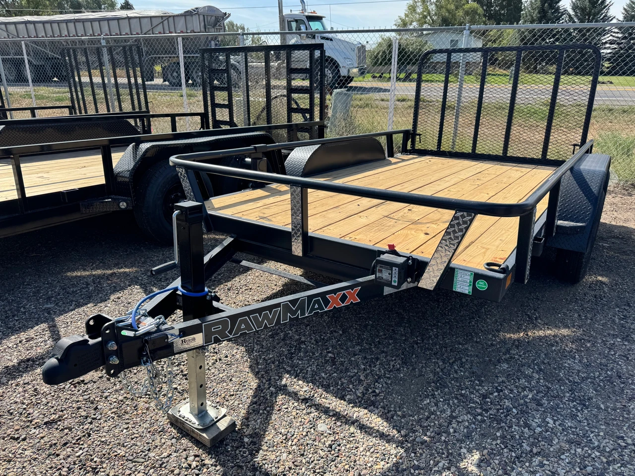 Raw Maxx Trailers 2027 UTX 77"X12' Utility Trailer | Tandem Axle 7K, 2" Round Pipetop Rails, 4' Rear Ramp Gate, Spare Tire Mount, 8 Ply Tires