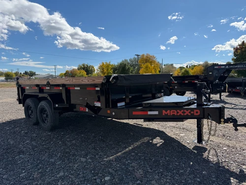 Maxx-D Trailers 2024 2024 83"X14' Scissor Dump Trailer | Tandem Axle Axle 14K, 18" Sides, Spreader Gate, Slide In Ramps, Trap Kit | 18" Sides With 6" Wood Extension, Spreader Gate, Ramps, Tarp