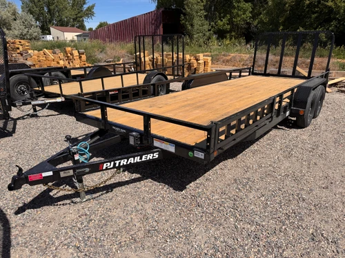 P.J. Trailers 2027 2027 83"X20' Utility Trailer | Tandem Axle Axle | ATV Side Load, Straightdeck W/4' Spring Assisted Rear Ramp