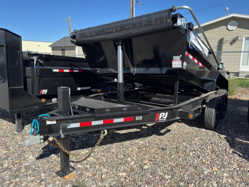 P.J. Trailers 2027 DT 83"X14' Telescopic Dump Trailer | Tandem Axle 14K, LOW PRO, 24" SIDES, HYD JACK, 14 PLY TIRES, SWING TARP, SOLAR CHARGER