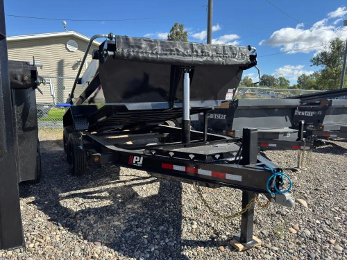 P.J. Trailers 2027 DT 83"X14' Telescopic Dump Trailer | Tandem Axle 14K, LOW PRO, 24" SIDES, HYD JACK, 14 PLY TIRES, SWING TARP, SOLAR CHARGER