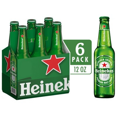 A bottle and 6-pack of 12 fluid ounce Heineken Beer