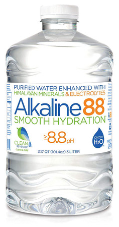 A three liter bottle of Alkaline88 Purified Water
