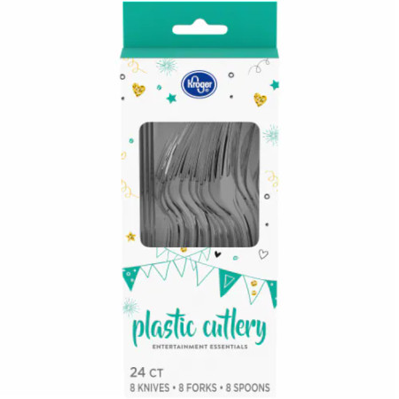 Entertainment Essentials plastic cutlery, 24 clear pieces including forks, knives, and spoons for versatile use.